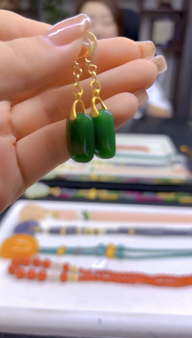 和田玉（碧玉）14K金镶嵌耳饰DIY款E171