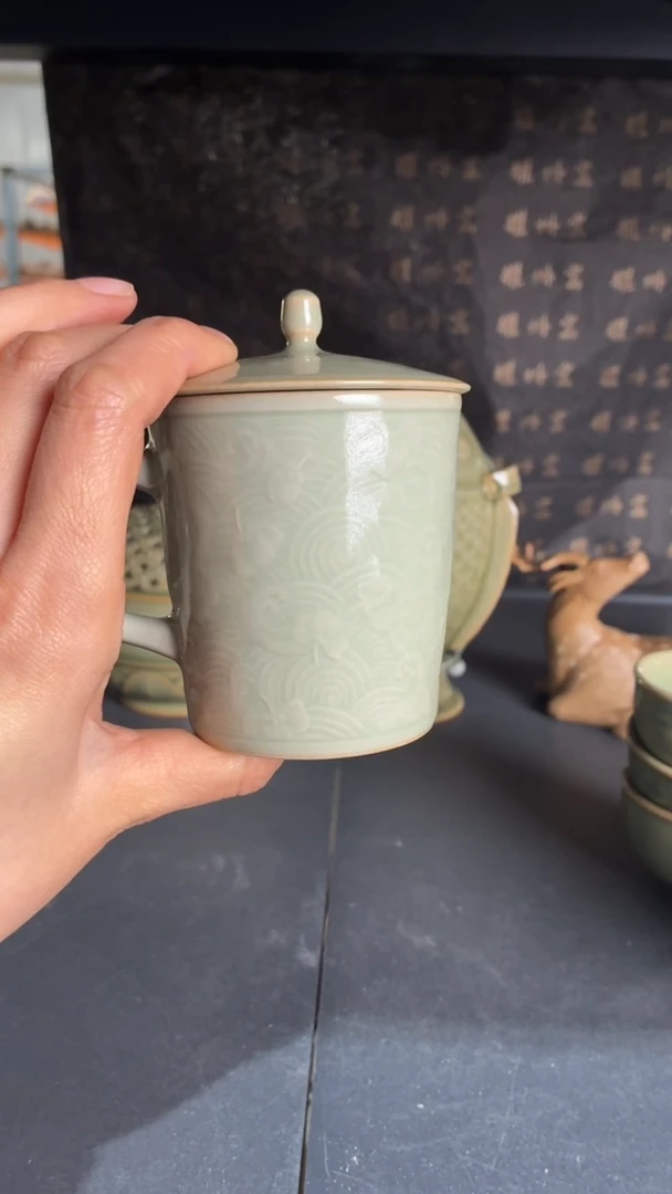 耀州窑仰山天青落花流水咖啡杯微瑕