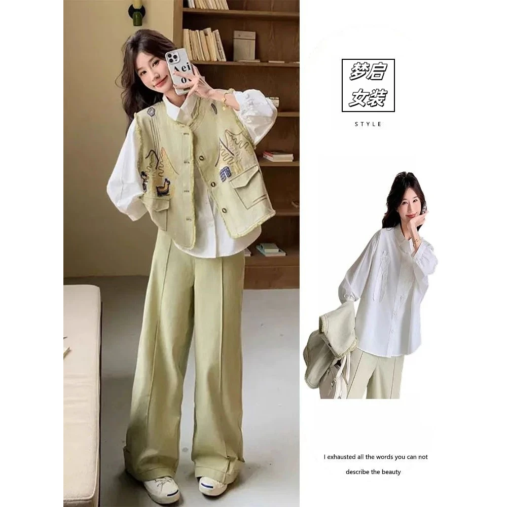 春季流行穿搭一整套牛仔套装女2025新款马甲叠穿衬衫阔腿裤三件套