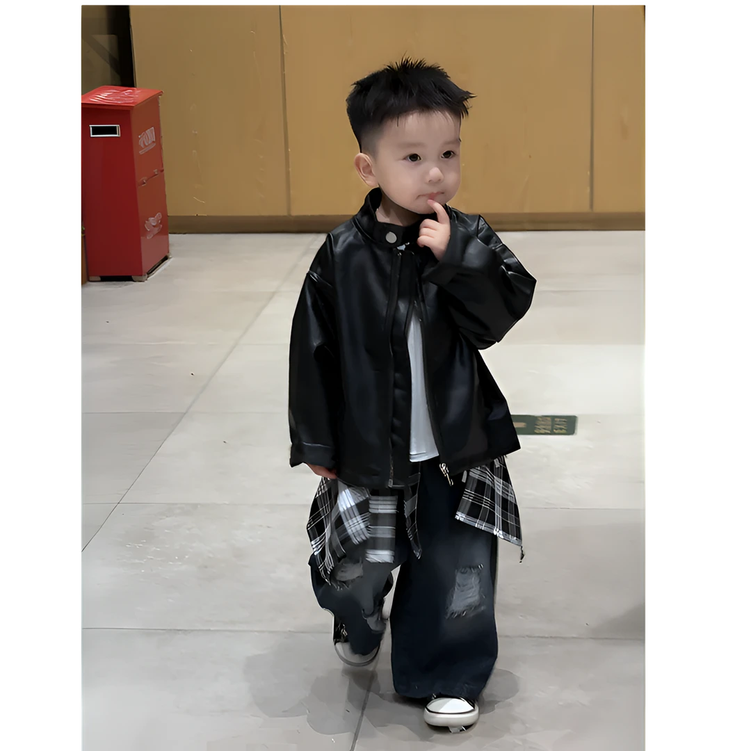 男童春秋2025新款爆款宝宝韩版洋气皮子外套牛仔裤两件装潮酷男装