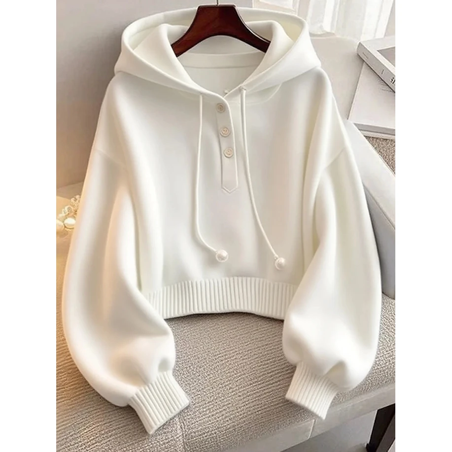 小众别致白色连帽抽绳纯色卫衣秋季韩系慵懒风时尚洋气舒适打底衫
