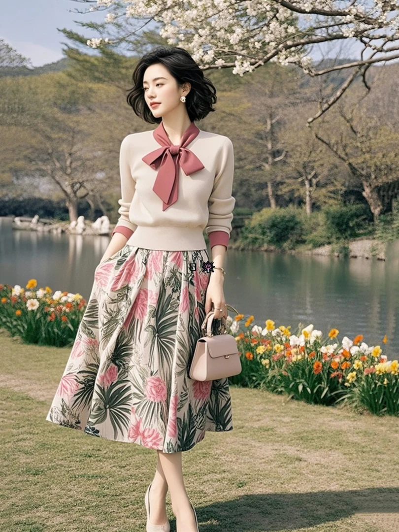 【源头工厂套装】春新款多巴胺撞色系带针织衫高腰碎花裙99383+Q209