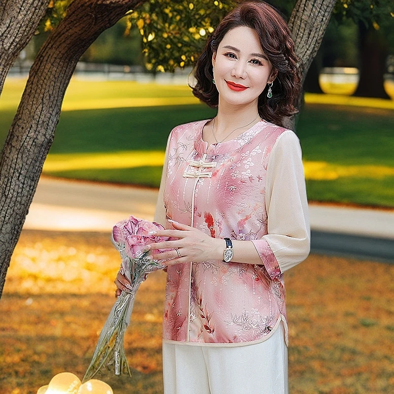 妈妈装夏季T恤中老年女装七分袖宽松衬衫夏装气质上衣套装