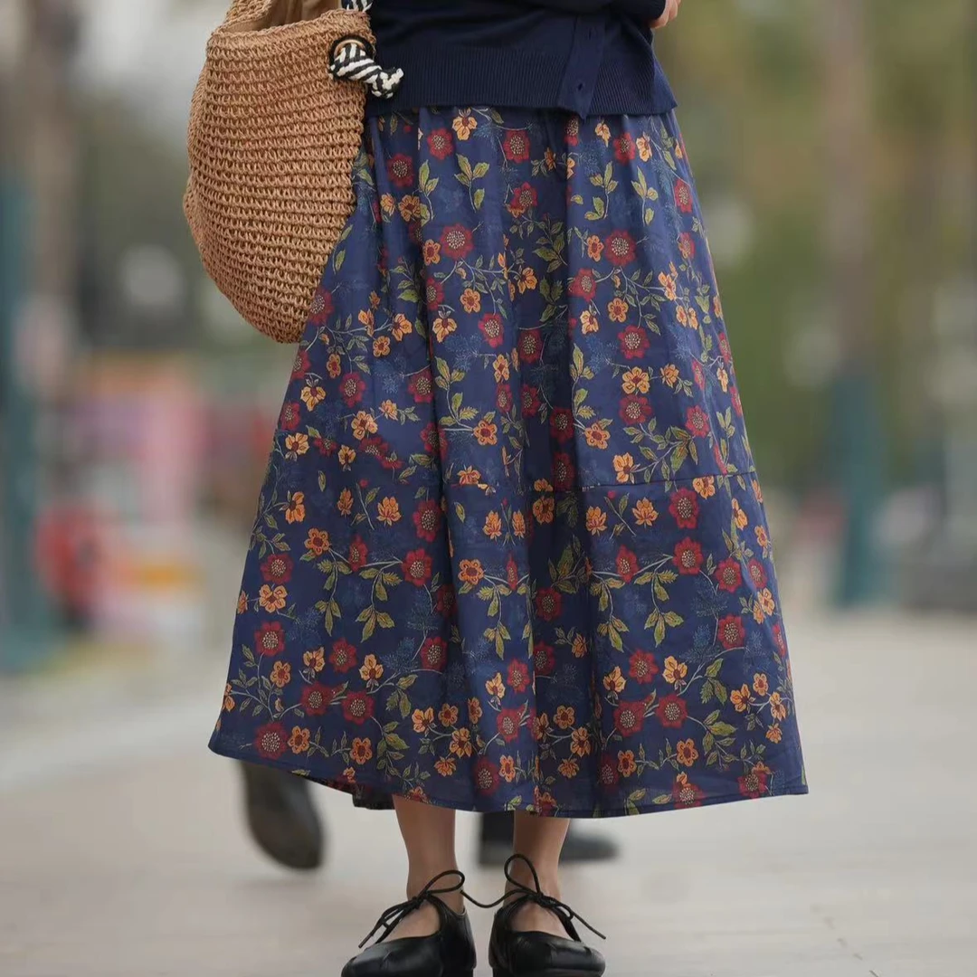 【0816】半身裙~春花浪漫全棉复古蓝太阳花半身花苞裙