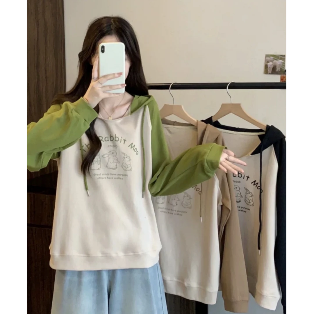 3557大码女装宽松减龄连帽t恤撞色美式复古卫衣女长袖上衣2440