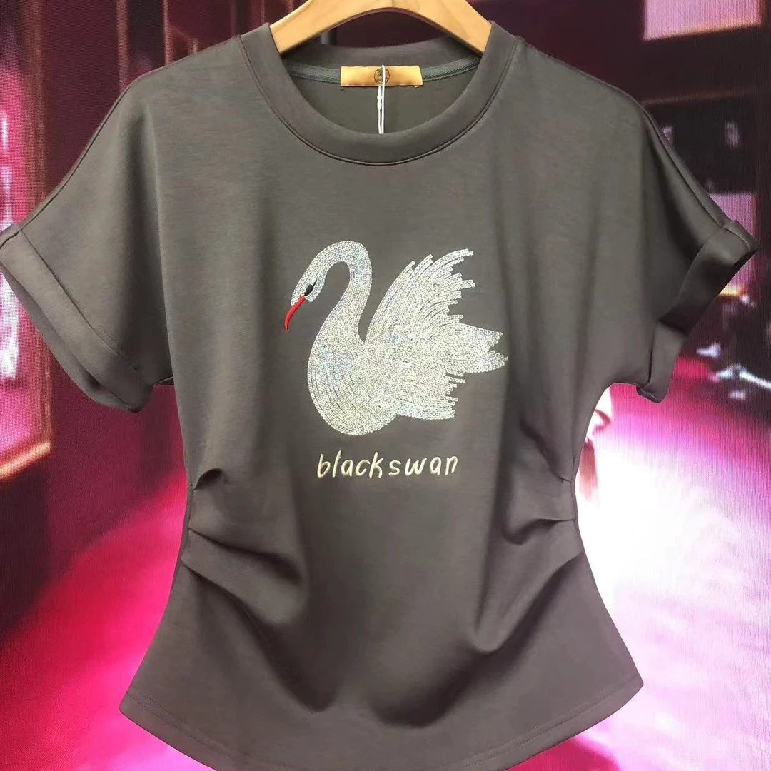 新款优雅天鹅烫钻T恤QYTB1297女款休闲夏季夏季女士百搭时尚