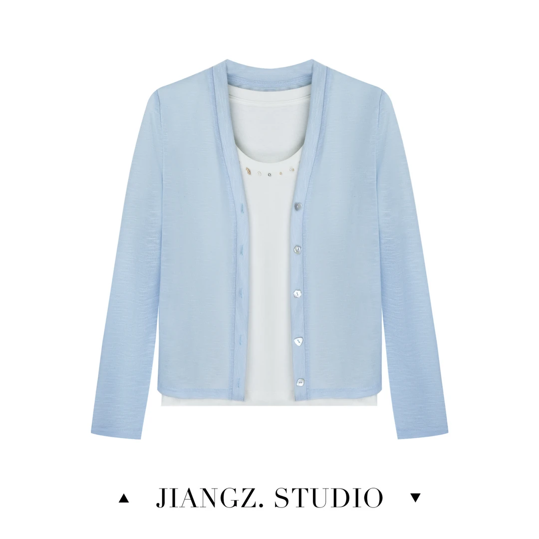 panii【贝拉】时尚精致贝壳装饰真两件（小开衫+贝壳T恤）针织衫套装