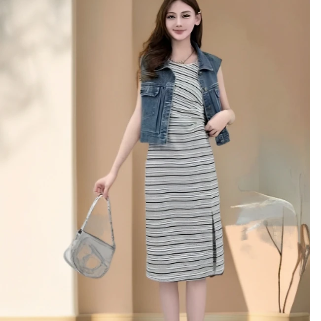 马甲3D夏季马夹韩版做旧牛仔套装裙女宽松水洗个性无袖复古破洞