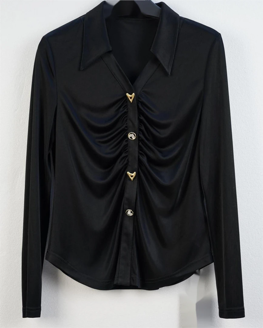 芊姿精选【1S1121】春季显瘦褶皱V领轻奢外套时尚长袖修身衬衫