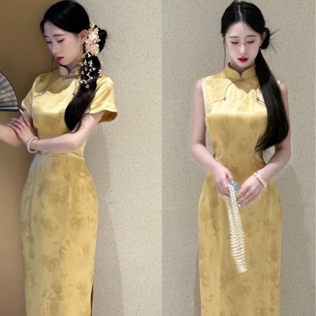 LHMknk1画报夫人原创自制国风显瘦温柔黄色新中式旗袍 眉间寄雨