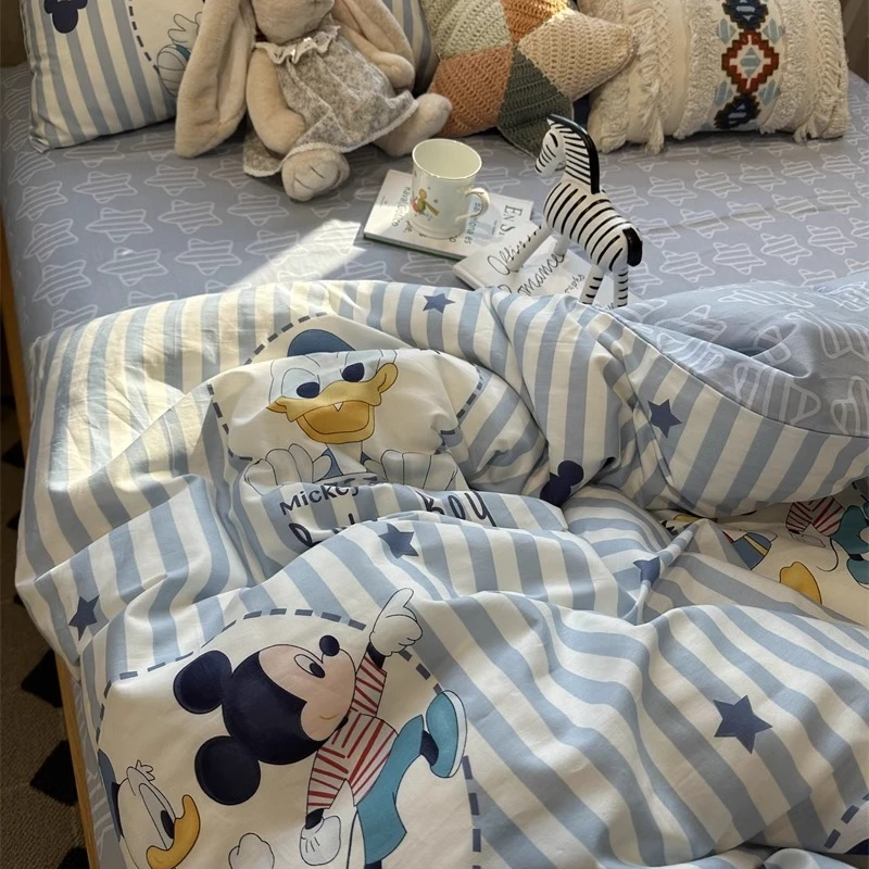 ins迪士尼条纹米奇床上四件套全棉纯棉1.5m米被套床单卡通三件套