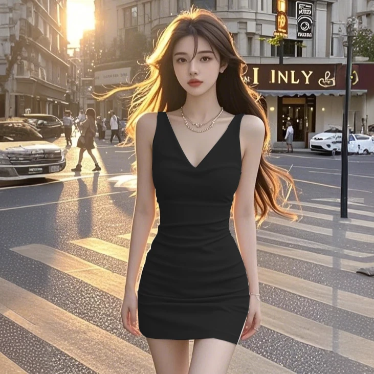 2025新款夏季V领包臀裙气质优雅显瘦连衣裙小个子修身无袖小黑裙