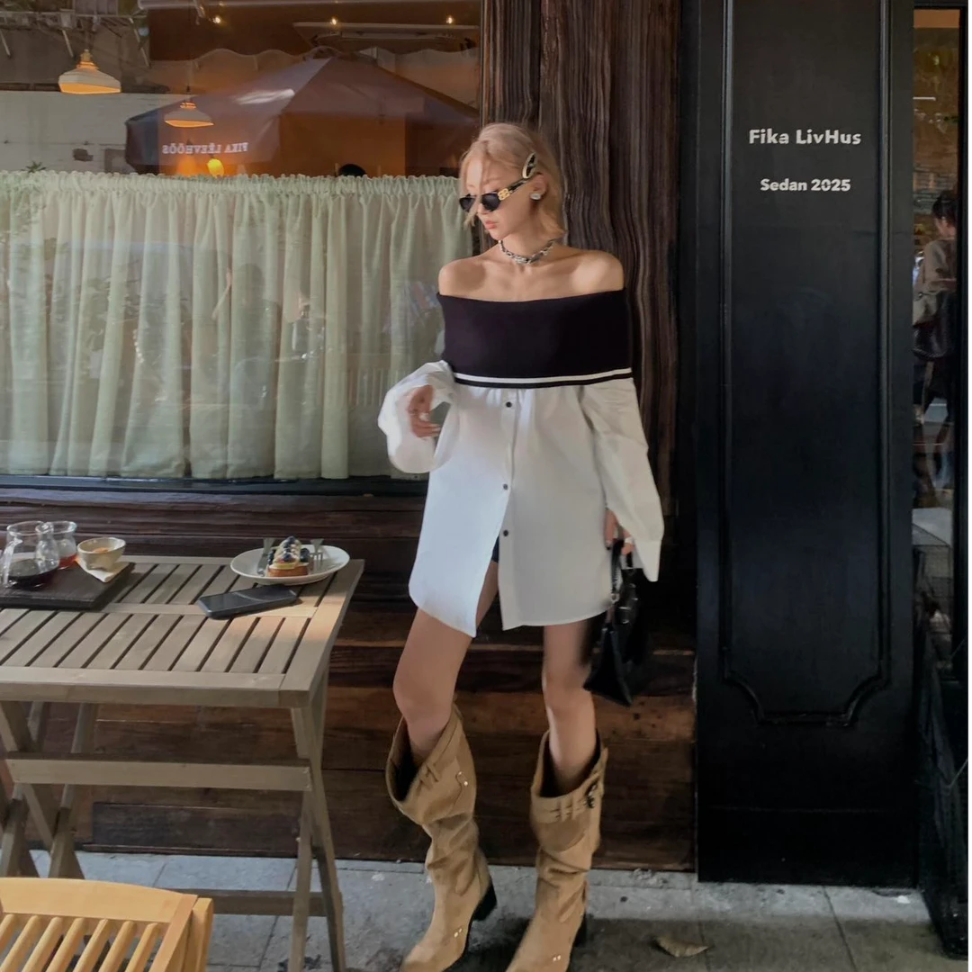 一字肩衬衫女2025早秋轻奢高级感今年流行的漂亮小衫法式小众衬衣