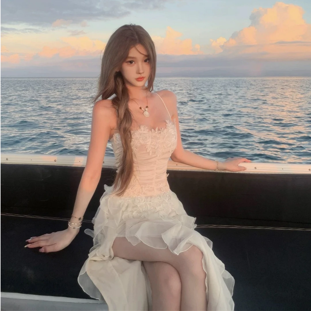 JMSHOP 法式纯欲气质花朵吊带连衣裙女夏季新款收腰显瘦度假裙子