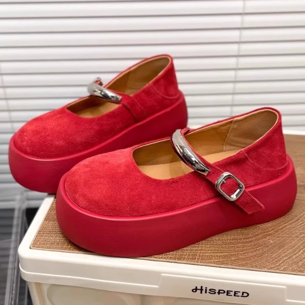 牛反绒面圆头增高5.5CM芭蕾风浅口玛丽珍单鞋女2025新款厚底松糕