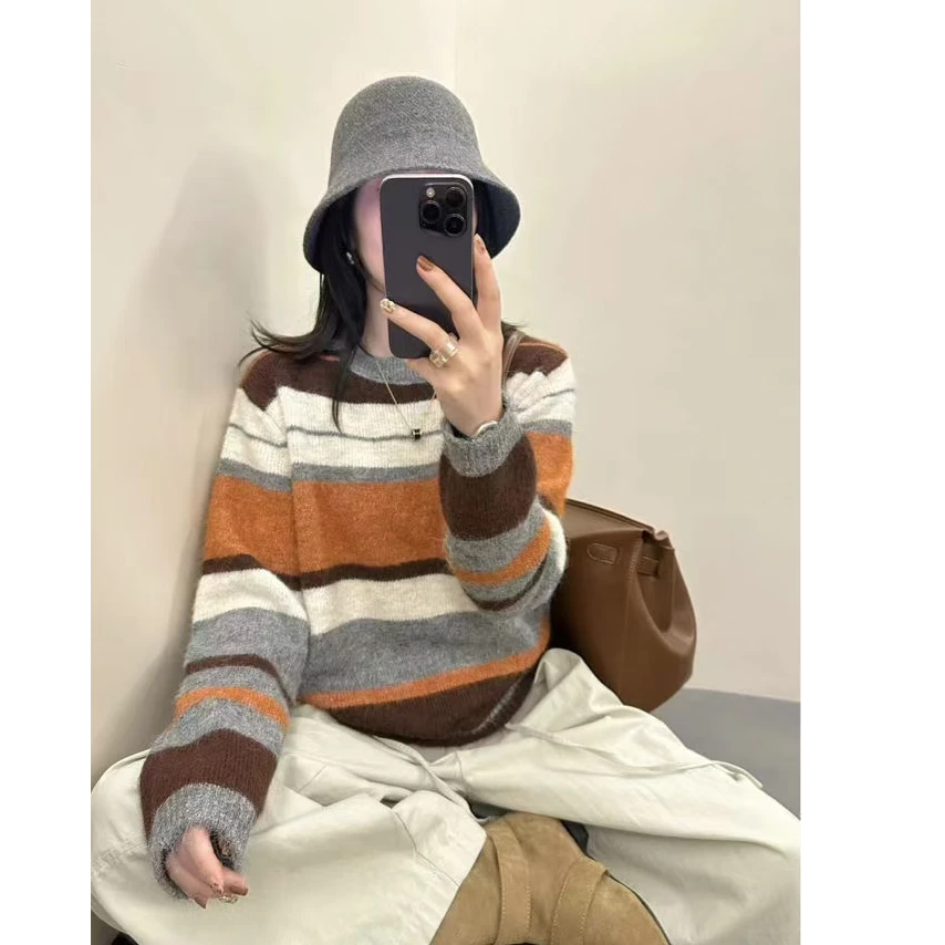 秋冬新款拼色圆领长袖百搭宽松减龄针织衫套头毛衣女1427