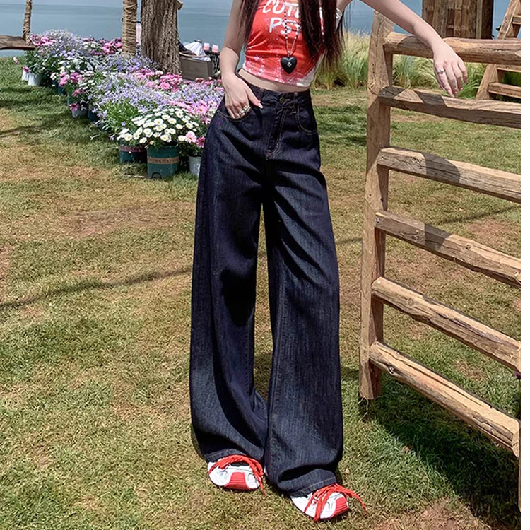 【丹宁色】大阔腿阔腿宽松高腰牛仔裤