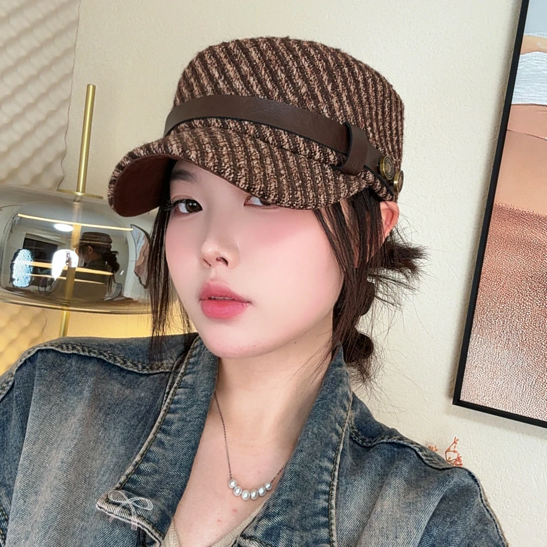 千金风格纹皮带扣秋冬新款百搭骑士帽加厚棒球帽英伦画家帽鸭舌帽