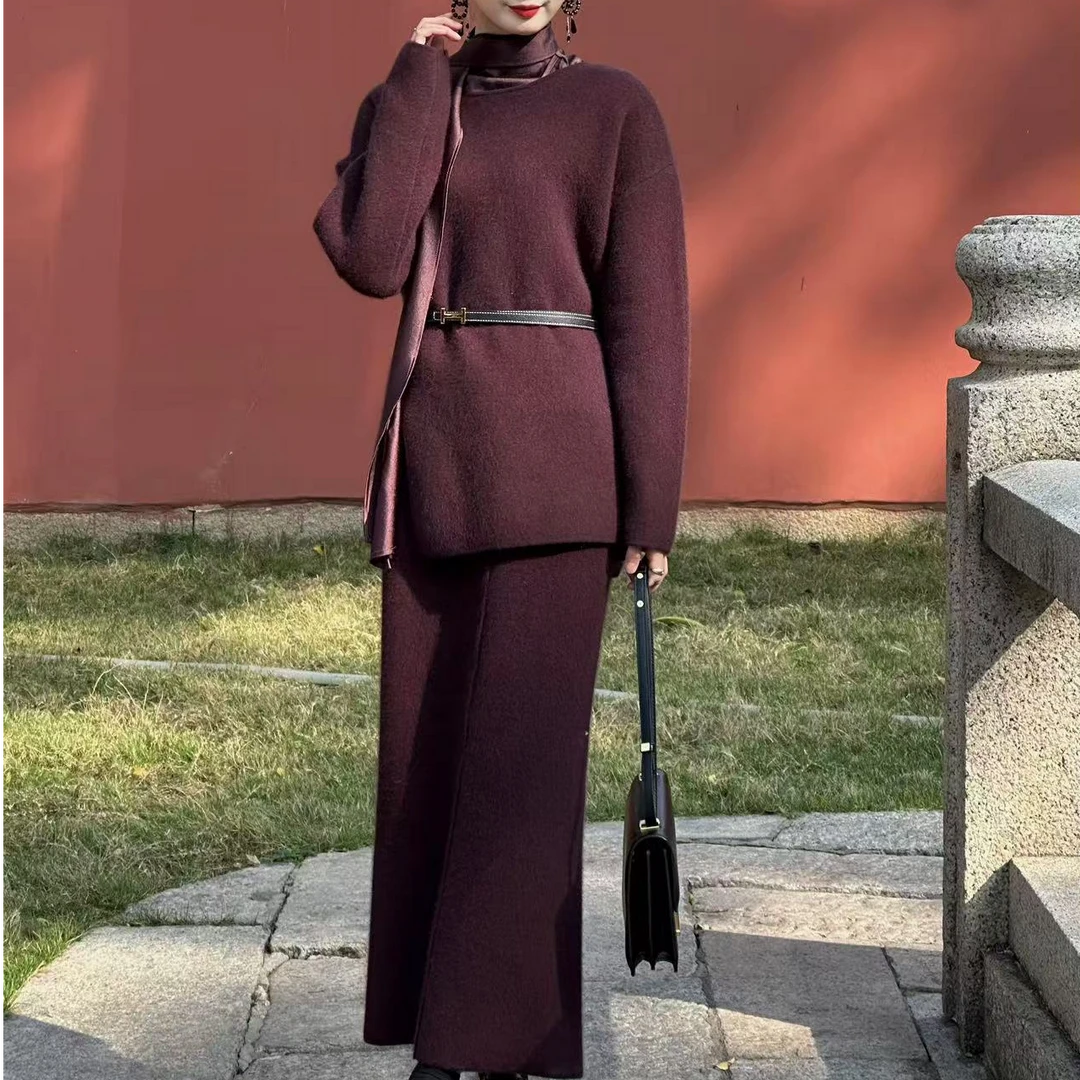 秋冬新款浣熊毛套装高级感温柔宽松系带圆领套头百搭套装