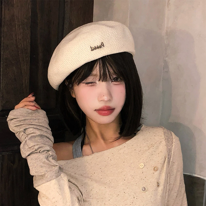 日式镂空透气贝雷帽子女士字母配饰休闲时尚前进帽简约文艺画家帽