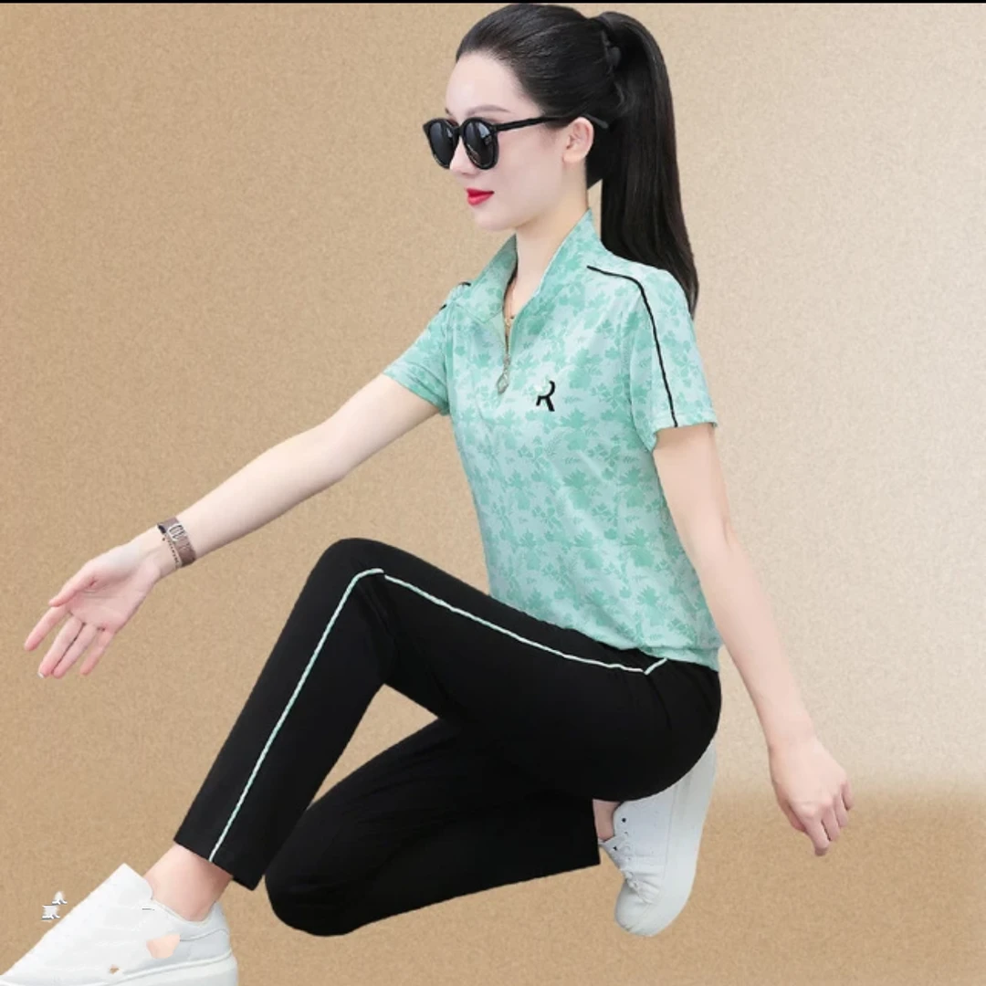 冰丝服套装女夏天2025年新款洋气减龄显瘦翻领短袖长裤套装605