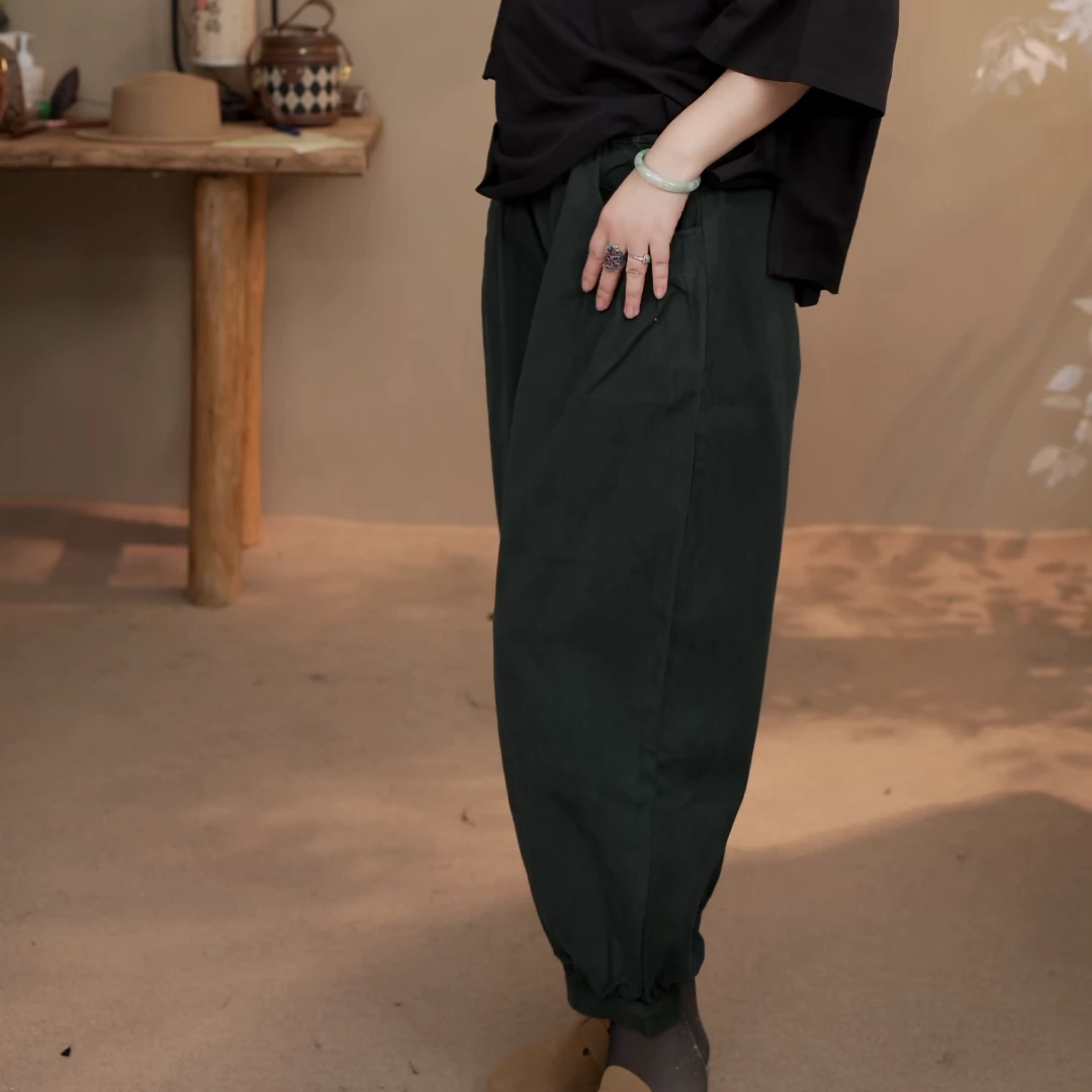 001 加厚休闲百搭复古色水洗棉束脚裤文艺纯色