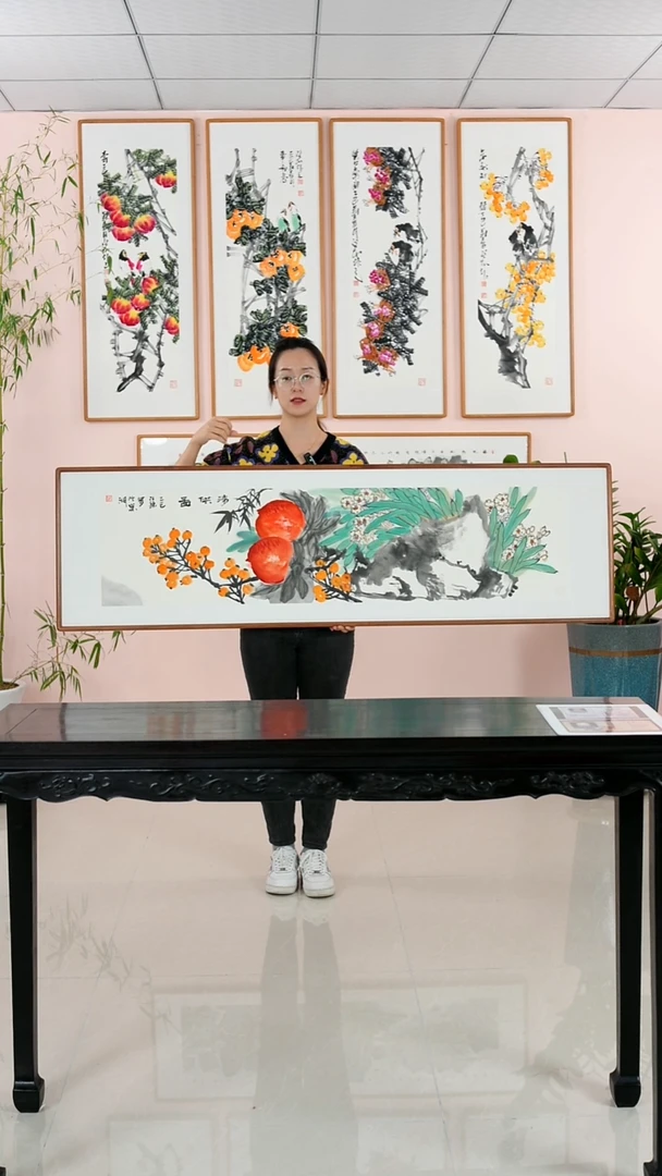 国画汪琼《清供图》手绘带框162*47厘米