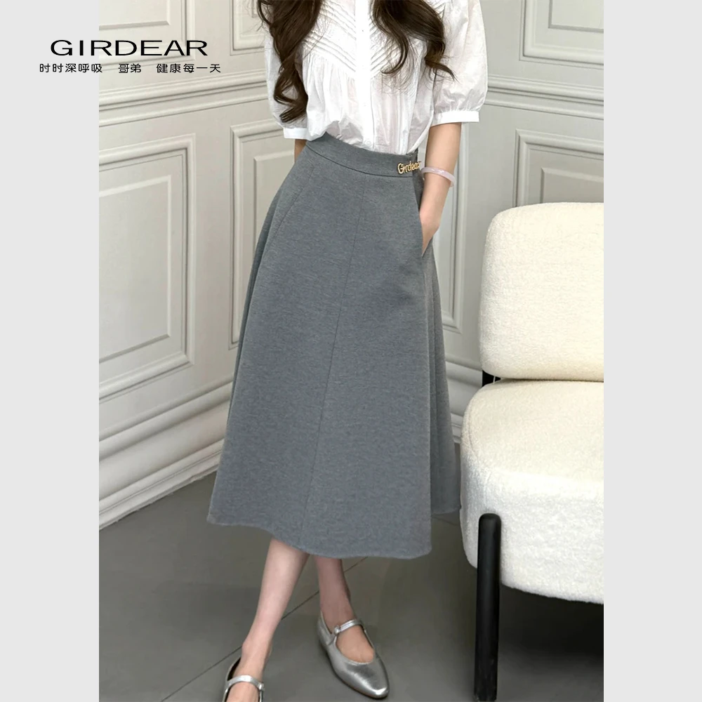 GIRDEAR/哥弟薄款法式高腰气质中长款伞裙百搭显瘦半身裙1200336