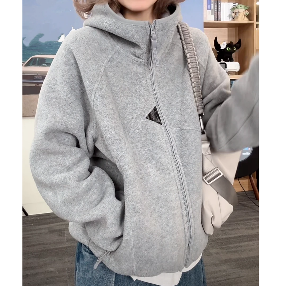 立体剪裁双重保温摇粒绒连帽外套女2025新款秋冬设计感灰色上衣