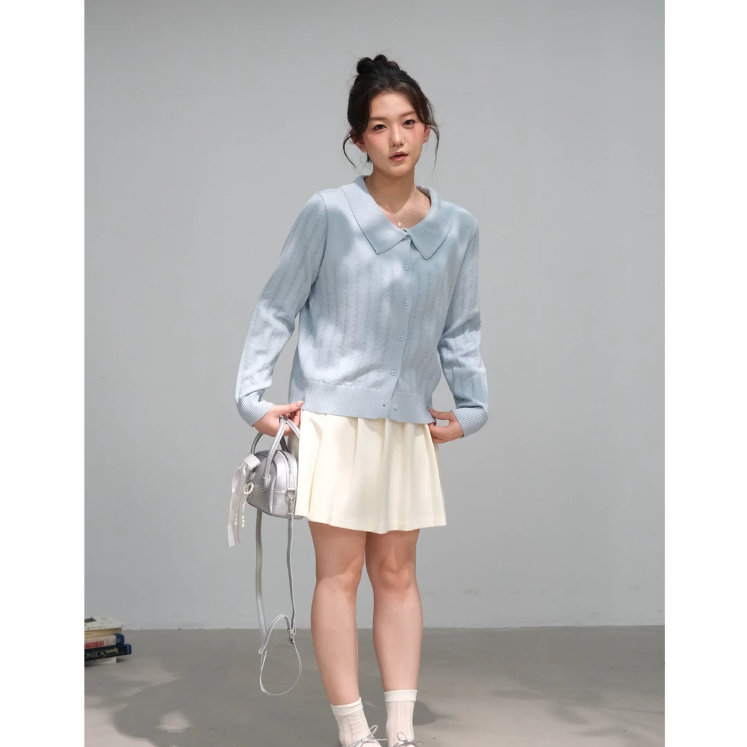 微胖MM秋季蓝色针织开衫法式小翻领温柔纯欲慵懒 6837