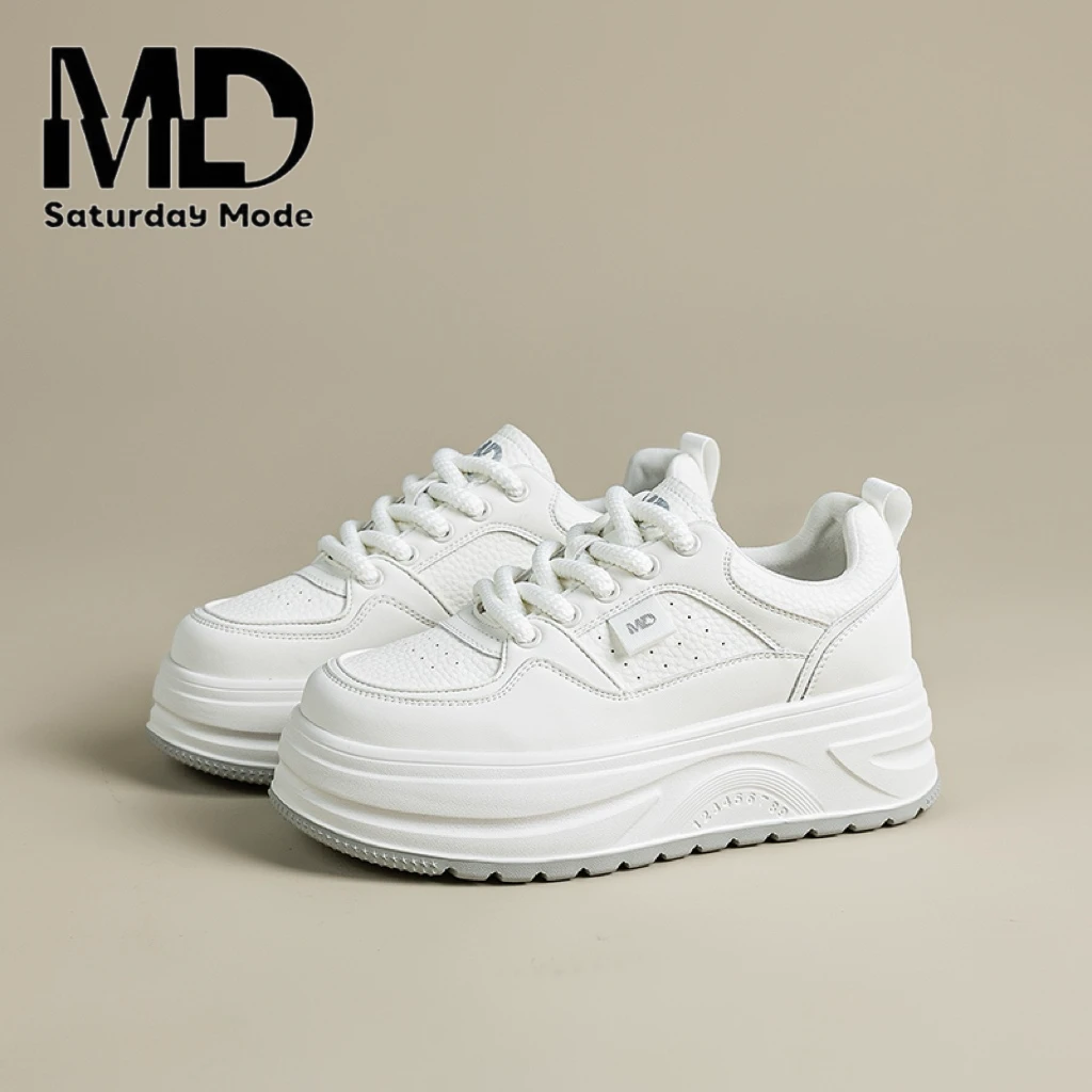SATURDAYMODE 秋季新款真皮小白鞋时尚休闲透气鞋子增高厚底 1207