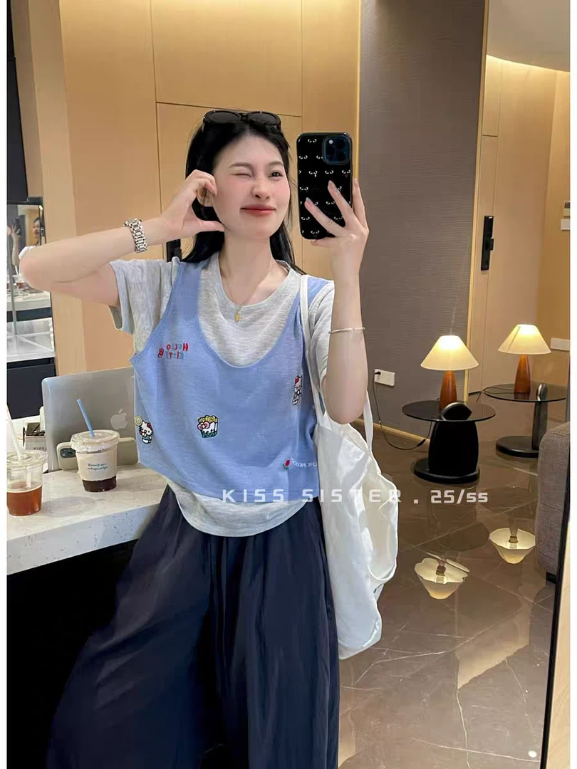 薄款刺绣短袖夏季INS风毛针织衫休闲提花衬衫法式