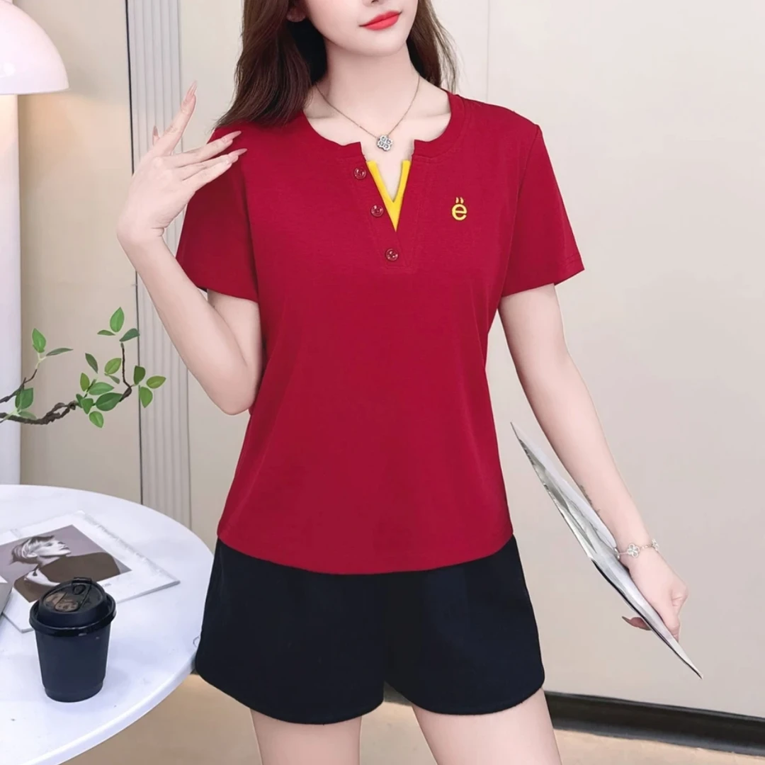 拼接假两件V领短袖T恤女夏季新款短款上衣2526# 衣长56
