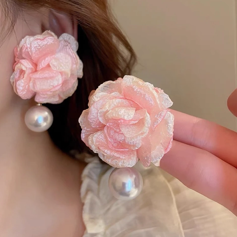 （花香弥漫）温柔狙击！粉色蕾丝花朵珍珠耳钉 优雅必备