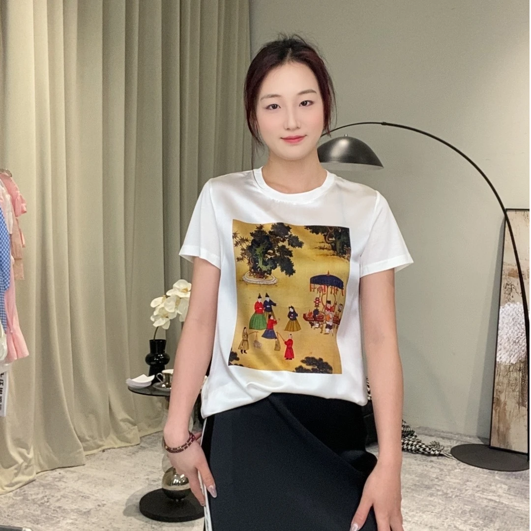 【燕子在南油】衣长60时尚休闲真丝唐人印花拼接棉圆领短袖T桖3908