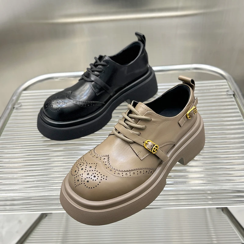 23911-6小皮鞋女英伦风2024年春季新款真皮厚底松糕布洛克单鞋