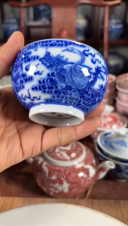 柴窑青花五灵图杯杯
