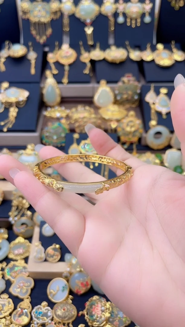 项圈银S925镀金镶嵌和田玉花丝镂空竹节手镯