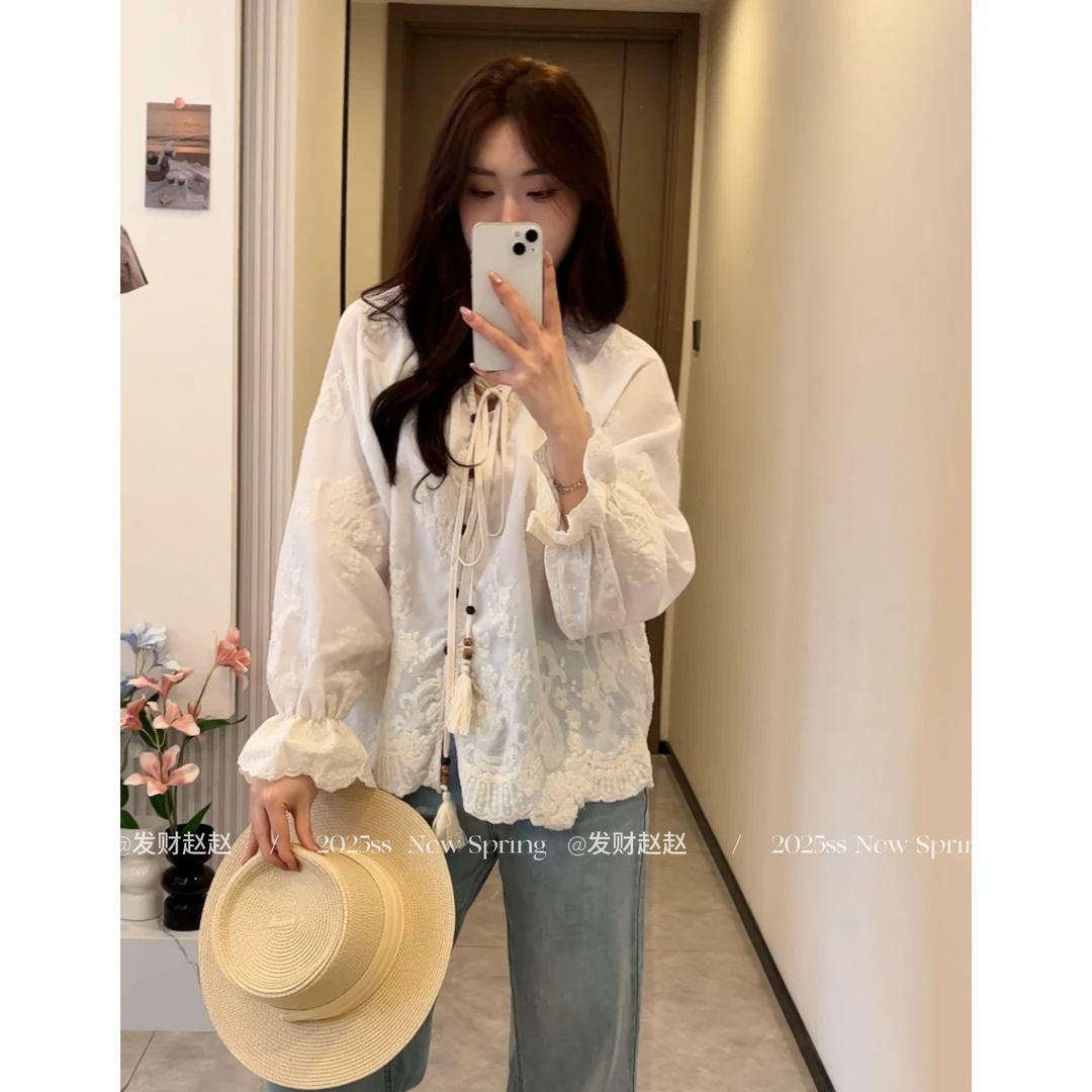 【欧若风】 2025春季法式蕾丝刺绣衬衫百搭韩系宽系带上衣小衫女装