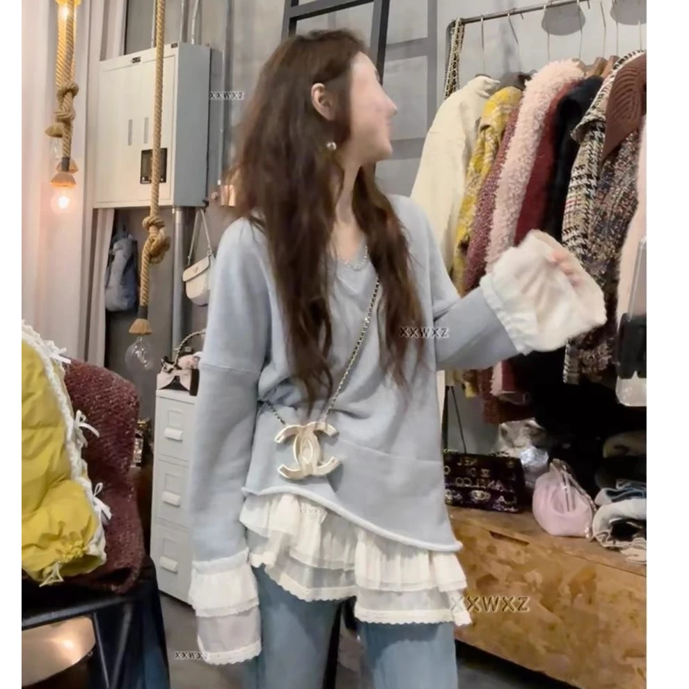 大码韩系拼接蛋糕花边卷边设计慵懒风毛圈卫衣衬衣裙遮跨遮肉女