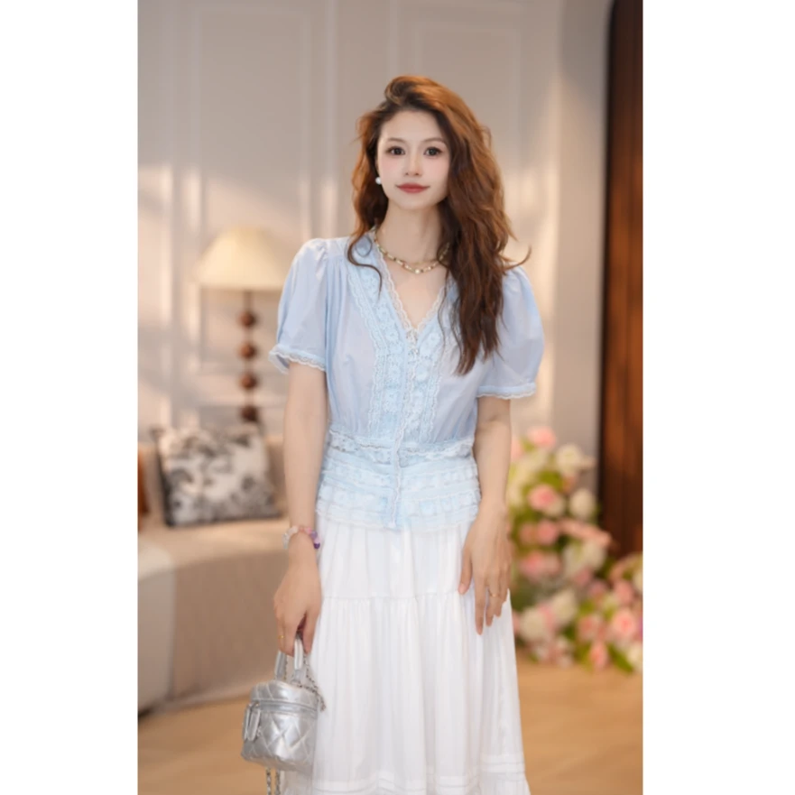 马克华菲女装夏季2025V领显瘦蕾丝拼接休闲小衫收腰显瘦时尚 S