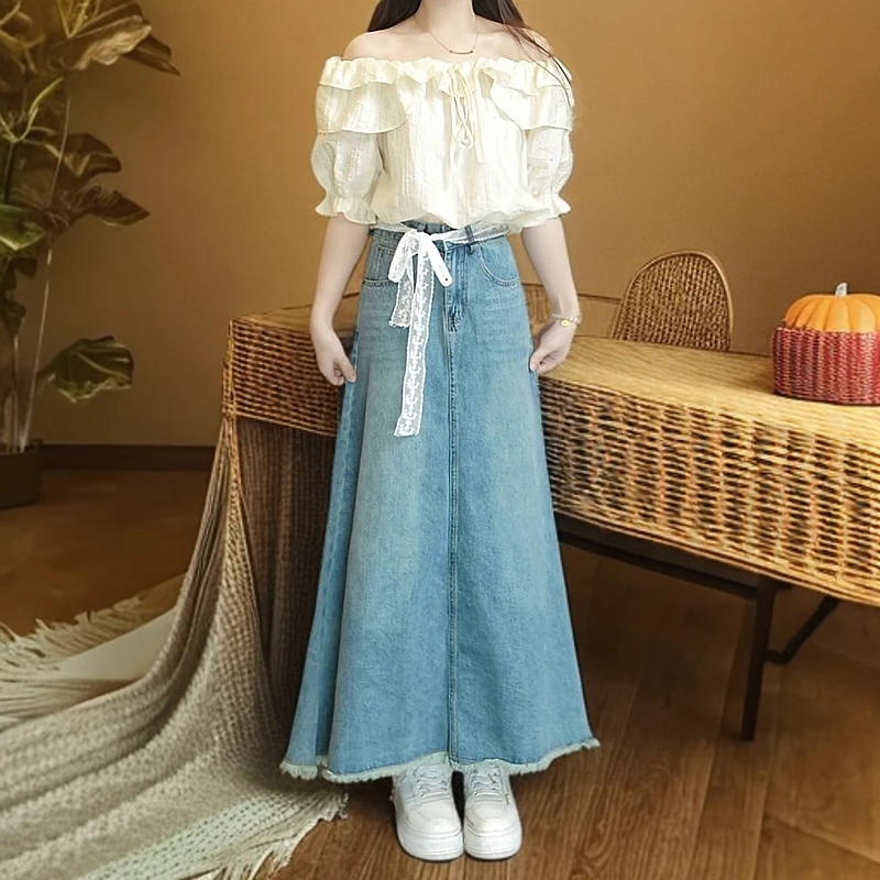 复古色毛边牛仔半身裙女春秋季新款高腰显瘦A字鱼尾裙