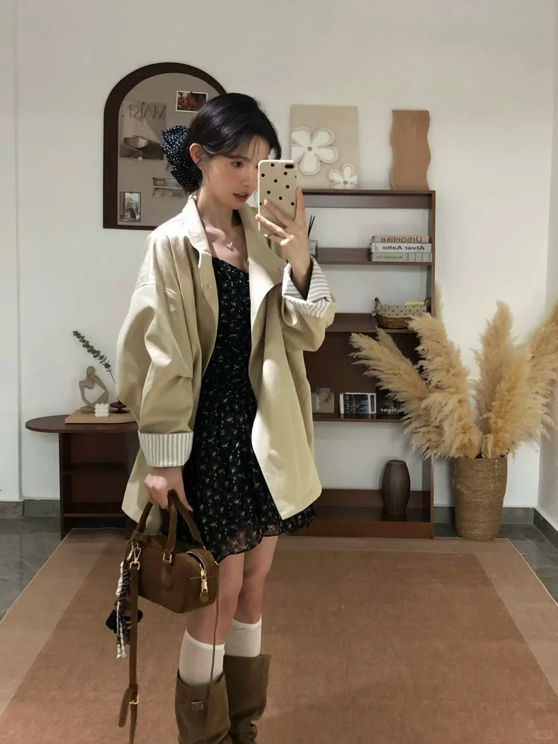 2025秋季新款韩系穿搭高级感中长款风衣外套碎花连衣裙气质两件套