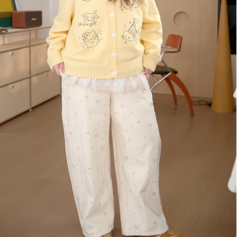 YUZI拼接口袋碎花纯欲风高腰休闲裤休闲冬季卫裤春夏提花LL00043