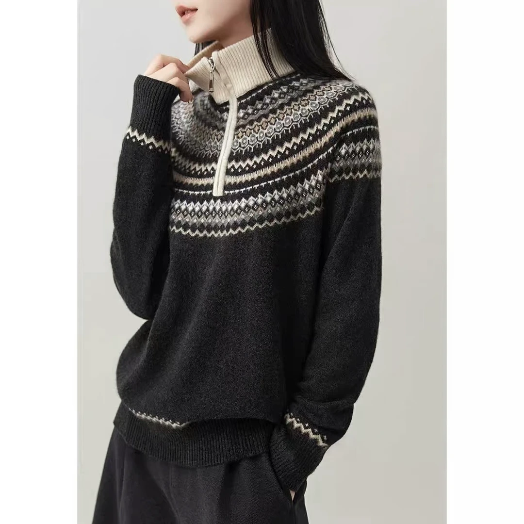 雯雯秋冬针织时尚羊绒新品女禾系费尔岛提花拼色羊毛长袖套头毛衣