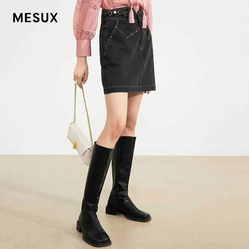 【高高甄选】MESUX米岫秋长绒棉黑色洗水珍珠装饰牛仔半裙MJFUS