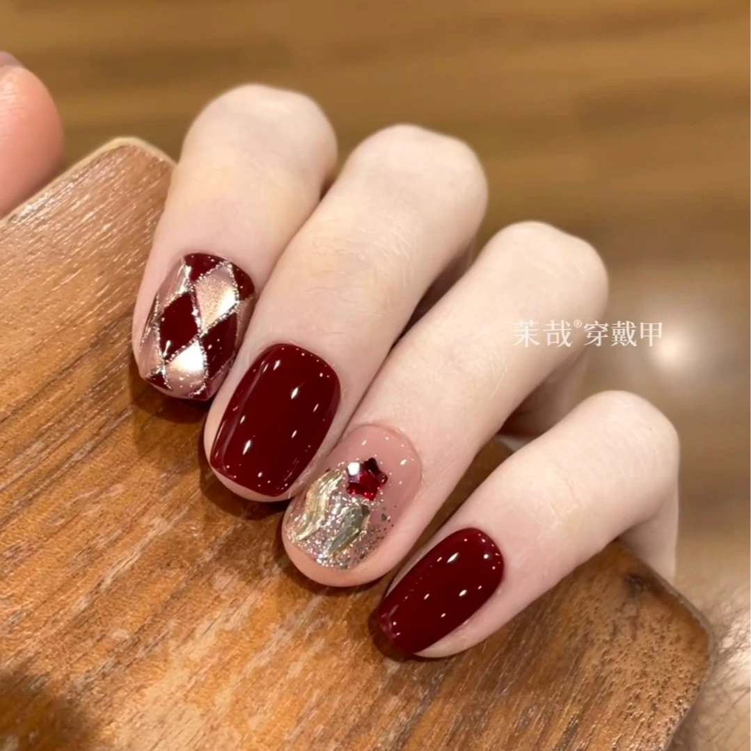 茉哉III【红光菱格/ab甲】纯手工定制美甲拆卸穿戴甲A5354