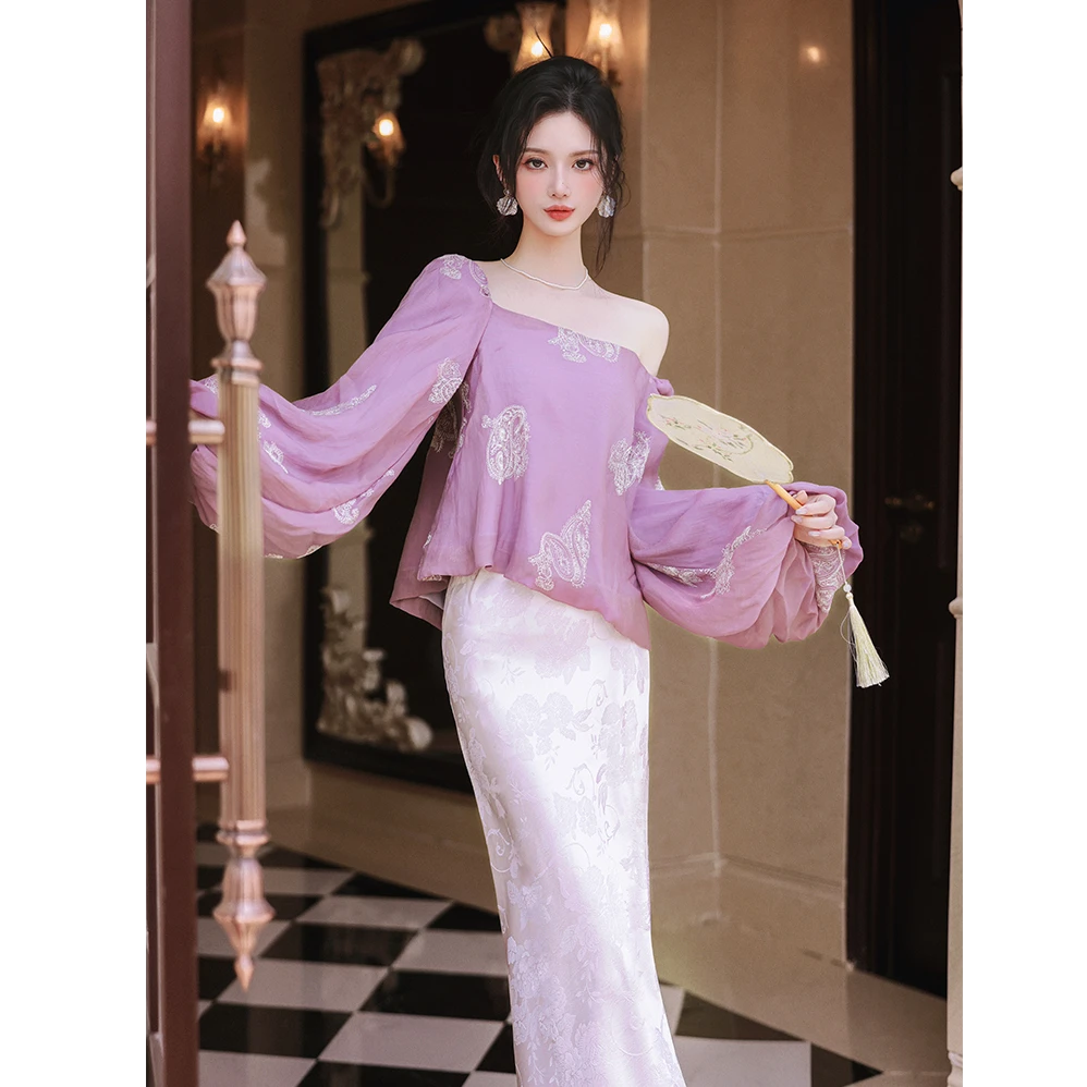 氛围天花板新中式紫色提花连衣裙女仙气纯欲两件套夏季国风A826