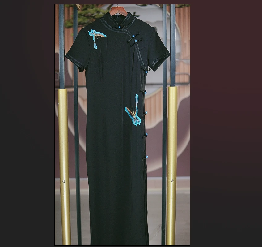 黑色蝴蝶旗袍修身气质夏季复古