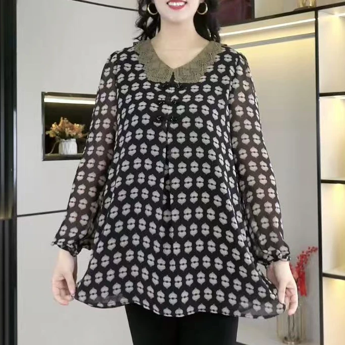 胖珍珍大码女装春季时尚洋气减龄宽松遮肚蕾丝拼接长袖上衣240031